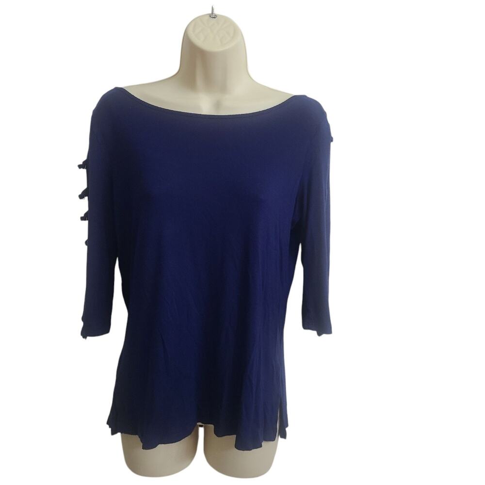 French Laundry S. Womens Blouse Blue Boho Casual 3/4 Cut Out Sleeve W Grommet